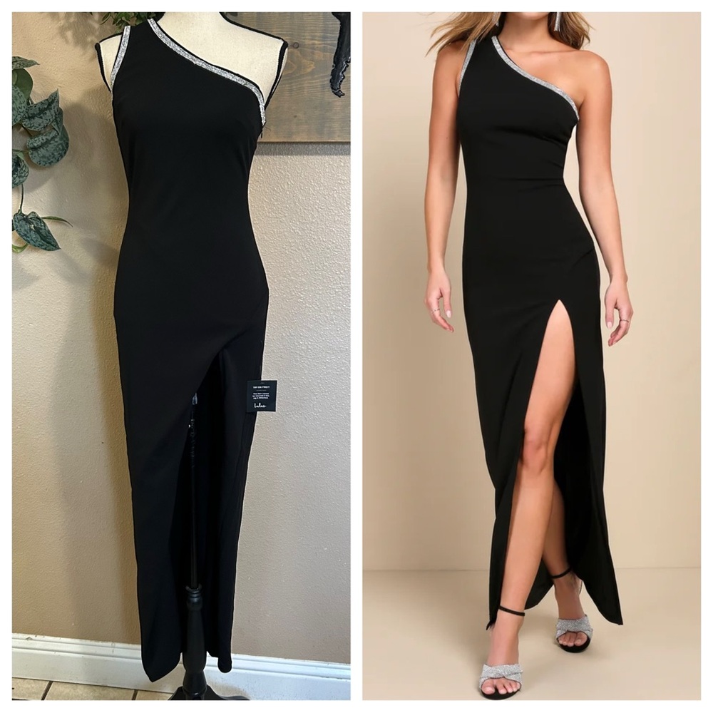 NWT Lulus Glamorous Muse Black Rhinestone One-Shoulder Maxi Dress